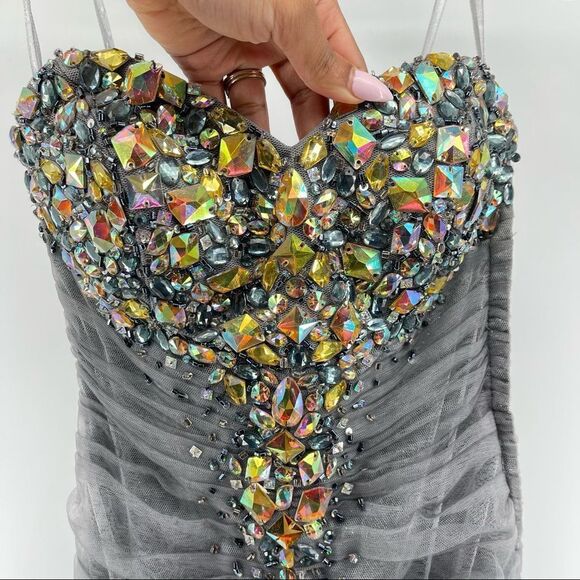 Jovani Pewter Beaded Strapless Prom Gala Pageant Mermaid Evening Gown Size 0 - Picture 5 of 17